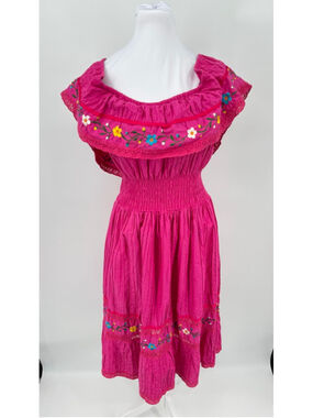 Pink Latino Mexican Fiesta Dress Embroidered Flowers Smocked Waist Off Shoulder